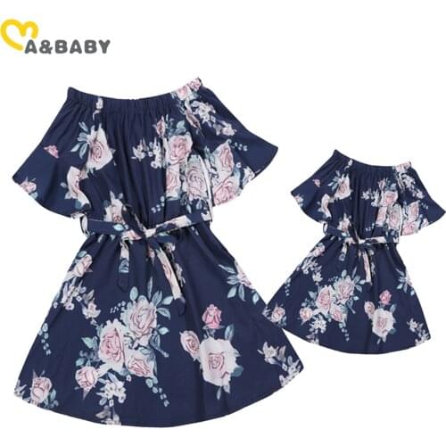 Ma&Baby Family Clothing Matching Outfits Flower Print Dress Mother And Daughter Clothes Off Shoulder Dresses Family Look DD43