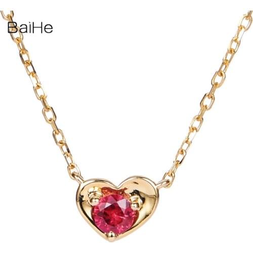 BAIHE Solid 18k Yellow Gold SI/H 0.10ct Natural Ruby Women Fine Jewelry Gift Beautiful heart-shaped ruby Necklace for women