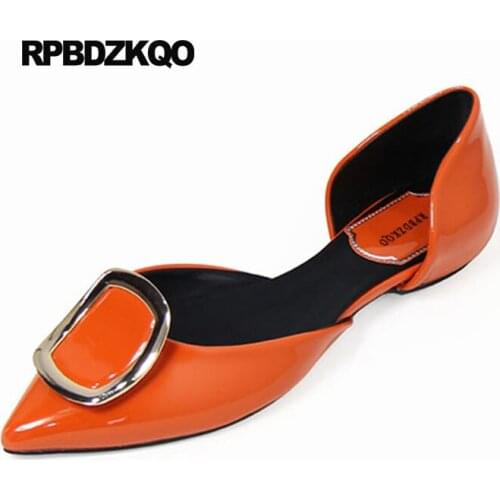 Flats Metallic Ladies Designer Shoes Women Luxury 2018 Patent Leather Work Candy Brand Sandals Slip On Metal Pointed Toe Buckle