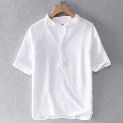 New summer short-sleeved linen shirt men stand collar loose shirts for men casual breathable flax shirt mens camisa chemise