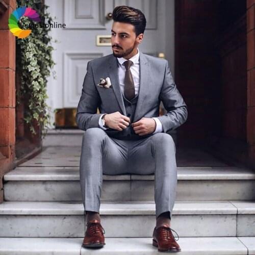 Grey Men Suit for Wedding Peaked Lapel Groom Tuxedo Business Slim Fit Skinny Men Suit Custom Made Male Terno Costume Homme