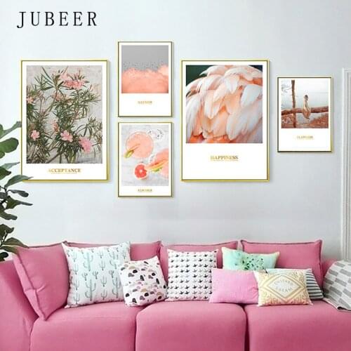 Nordic Pink ins Poster and Print Flamingo Flower Combination Photo Wall Decorative Painting Pictures on Wall For Living Room