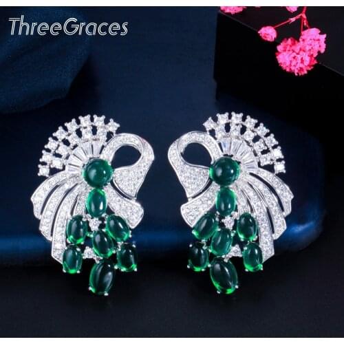 ThreeGraces Retro Style Emerald Green CZ Topaz 925 Silver Pin Dancing Party Dangle Earrings for Women 2021 Fashion Jewelry ER576