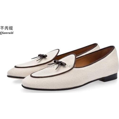 Qianruiti Men Mini-Bow-Knot Loafers/ Mules Canvas Shoes Slip-on Flats Handmade Shoes Men Casual Slippers