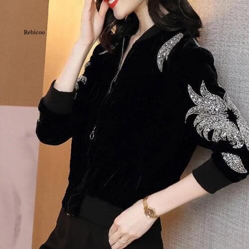 Spring Retro Bomber Outerwear Black Velvet Women Jacket Long Sleeve Baseball Embroidered Coat Womens Casual Slim Ladies Jackets