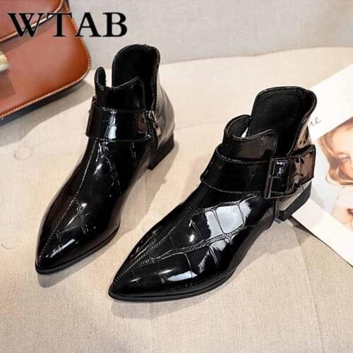 WTAB NEW Patent Leather boots women shoes 2018 Ankle Pointed Toe shoes metal Buckle Strap Autumn winter boots women botas mujer
