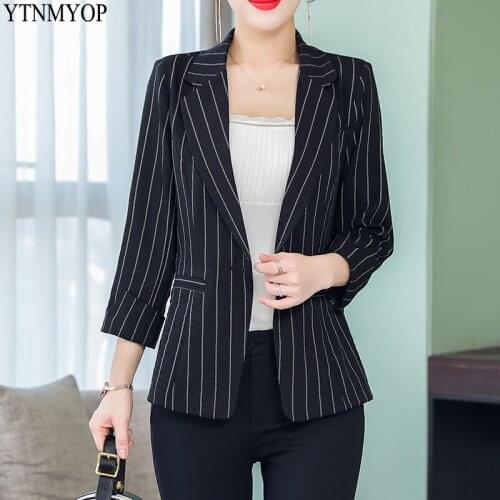 YTNMYOP Women Blazer Slim Fashion Summer Suit Coat Outerwear Three Quarter One Button Striped Blazers Tops