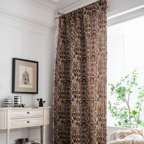 Curtain finished jacquard color geometric tassel Bohemian kitchen curtain American country bay window semi shading
