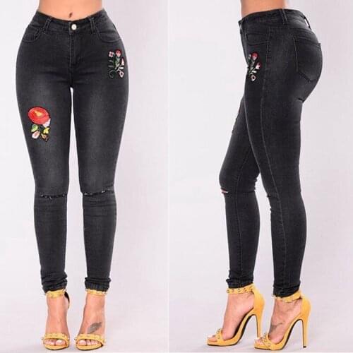 CFYH Plus Size XXXL New Bleached Stretch Rose Embroidered Hole Jeans Women Elastic Jeans Female Pencil Denim Pants