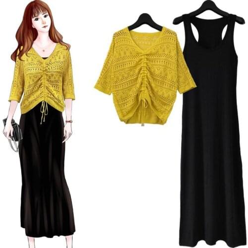 2021 Summer Female Thin Knitting Hollow Out V-neck Top + Sleeveless Strap Dress 2 Piece Sets Korean Sweet Sexy Women Suits Y521