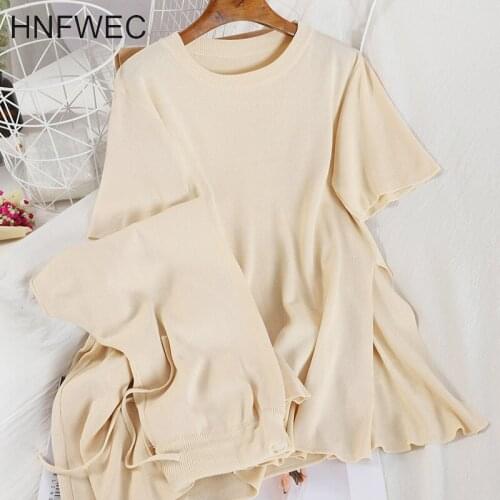 2020 Summer Knitting Suit Women Short Sleeve Top Long Wide Leg Pants Two Piece Set U924