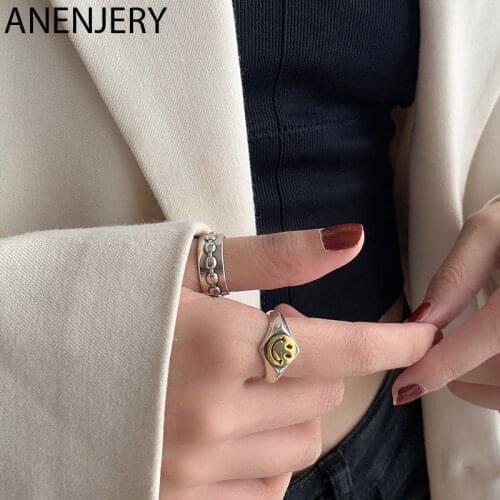ANENJERY Vintage 925 Sterling Silver Smiling Face Open Finger Ring for Women Gold Color Adjust Rings Party Wholesale S-R871