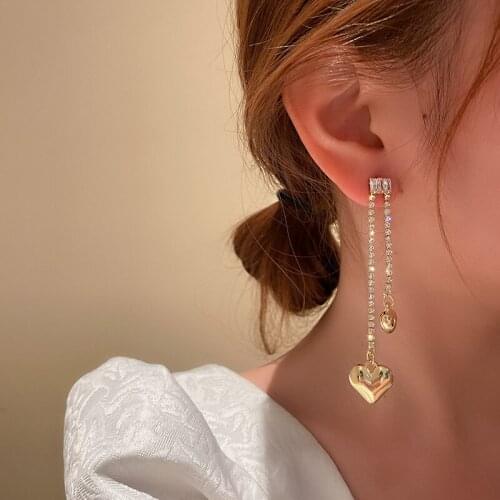 Gold Asymmetric Heart Drop Earrings for Women Exquisite Crystal Rhinestone Long Hanging Earring Love Accessories 2021