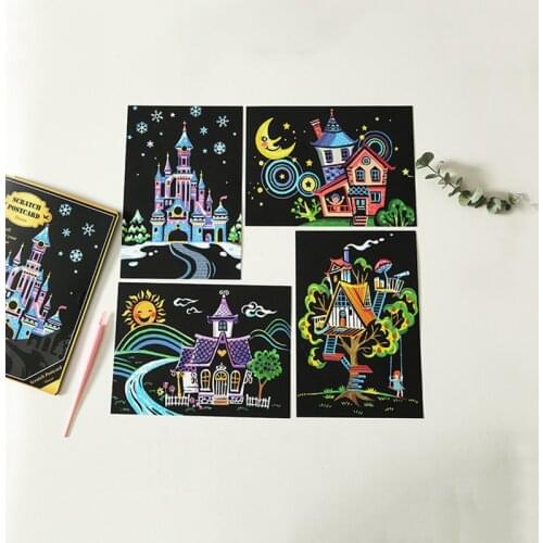 4 Pcs/Set A5 Colorful City Night View Scraping Painting Cartoon Anime Character Magic Art Graffiti Scratch Painting Drawing Toys
