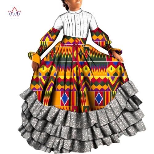 African Clothes Bazin Riche Dashiki Dresses Patchwork Floral Printed Dress for Children Drawstring Skirts Party Clothing WYT674