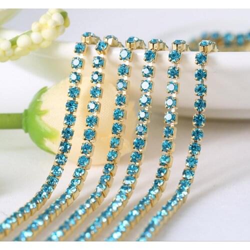 10Yard Aqua Blue Color Claw Crystal Rhinestones Chain Gradient DIY Dense Gold Base Rhineston Chain Garment&Bag Art Decoration