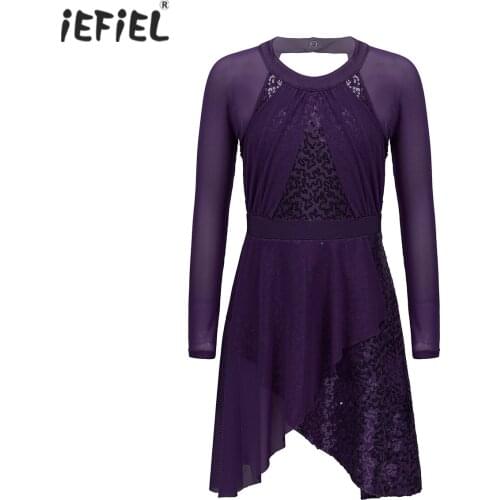 Kids Long Sleeve Irregular Cut Tulle Dress Shiny Sequins Ballet Dance Leotard Dress Girls Dance Wear Figure Ice Skating Dress