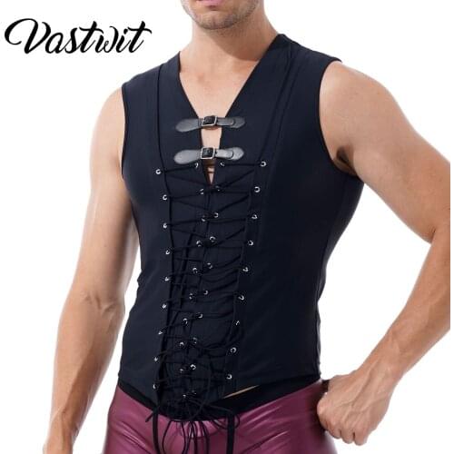 Men Punk Lace-up Front Tank Top Gothic Adjustable Buckle Decor Sleeveless T-shirt for Rave Party Music Festival Rock Concert
