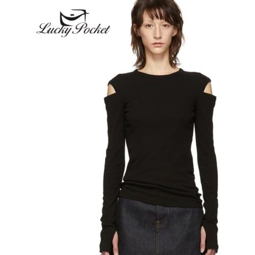 Women Summer Black Cotton Long Sleeve T-shirt Ladies Casual Sexy O-Neck Solid Color Tees Female Fashion Slim Hollow Out Top ML62