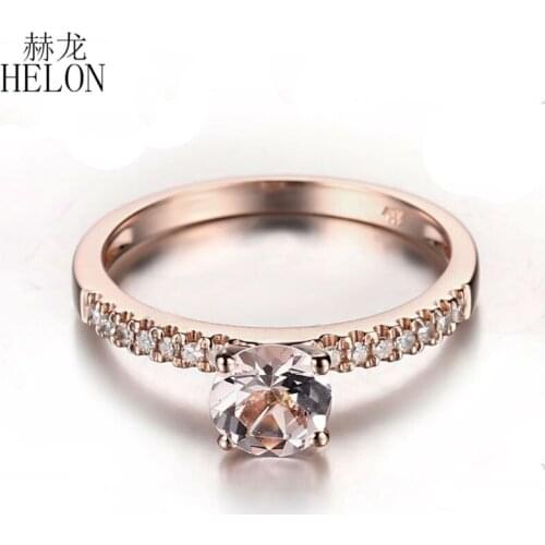 HELON Solid 10K Rose Gold Flawless Round 6mm Natural Morganite Diamonds Trendy Fine Jewelry Engagement Wedding Diamond Ring