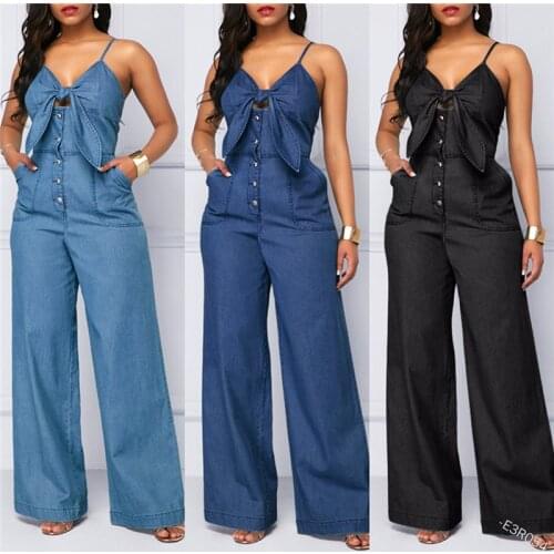Summer Fashion Womens Denim Jumpsuit Sexy High Waist Wide Leg Long Pants Romper Front Tie Knotted Jeans V-neck Overalls Clothes