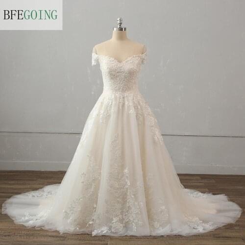 Ivory Lace Champagne Lining Off the shoulder Bridal gown Floor-Length A-line Wedding dress Chapel Train Custom made