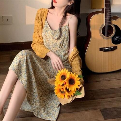 Summer Womens Dress 2021 Fashion French Floral Print Dress Sexy Sling V-Neck Waist Maxi Dress Ladies A-Line Party Slim Dress