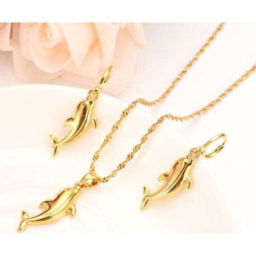 Fashion gold Jewelry Set Sweet Dolphin Pendant Necklace Loop Earrings Sets for Women PNG girls kids party bridal gifts charms