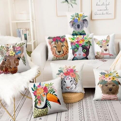 Fresh Cartoon Illustration Printed Pillowcase Cute Animal With Flowers Thin Linen Cushion Decorative Pillow Home Decor 45*45cm