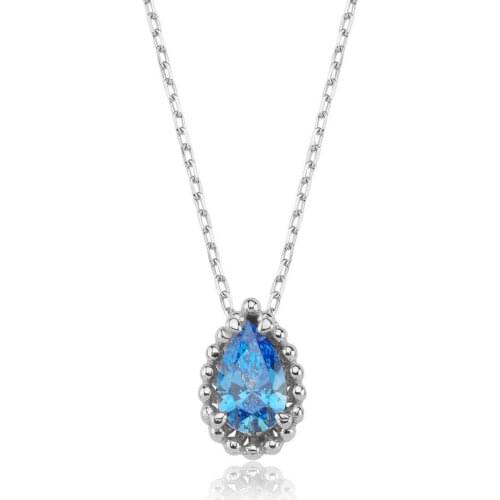 Valori Jewels 0.75 Carat, Zirconia Fancy Blue Pear Gemstone, Rhodium Plated, Sterling Silver Necklace