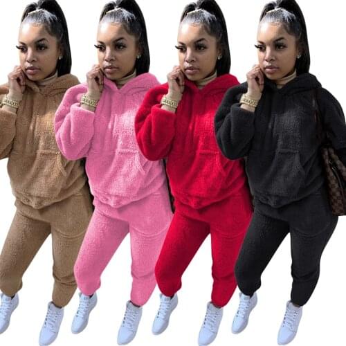 Plush Warm Fluffy Suits Womens Tracksuits Long Sleeve Hooded Sweatsuit Hoodie and Bodycon Jogger Sporty Home Teddy 2 Piece Set