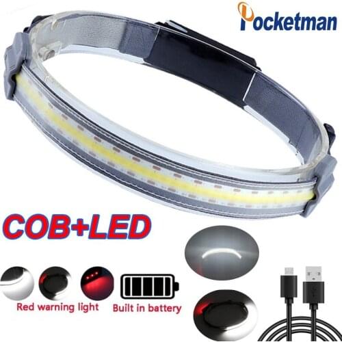 Pocketman COB Led Headlamp With Red Warning Light Built-in Battery Portable Head Lamp Strong Light Head Flashlight Lantern 2PACK