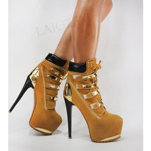 SEIIHEM Women Ankle Platform Boots Lace Up High Heels Short Boots Patchwork Unisex Shoes Woman Botas Large Size 41 42 44 47 52