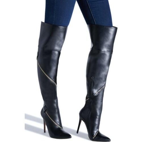 Chic Lady Encircled Zipper Embellished Thigh Boots Thin High Heels Over The Knee Boots Women Black Pointed Toe Knight Boots