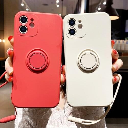 Lanyard Strap Silicone Phone Case For iPhone 11 12 Pro Max XR XS Max X 7 8 Plus 12 Pro Ring Holder Soft Candy Color Back Cover