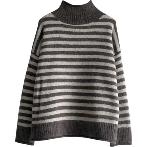 Spring Sweaters Korean Style 2021 Womens Autumn Striped Loose Jumpers Ladies Turtleneck with Long Sleeve Pull Knitted Pullovers