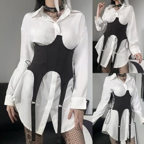 Vintage Personality Corsets Dark Anime Black Tops with Bandage for Women Girls