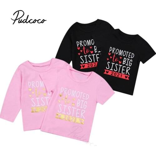 1-7 Years Kids Baby Girl New Year 2021 Letter Printed T-shirt, Short/Long Sleeve Casual Tops, Simple Clothes Summer/Spring/Fall