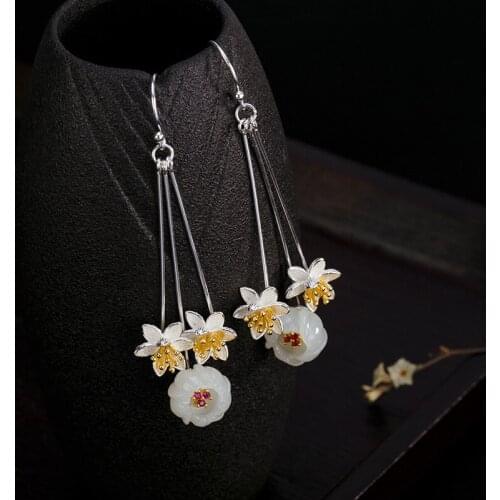 925 Silver Natural Hotan Jade Plum Blossom Earrings Retro Personal Literature and Art High-grade Womens Earrings