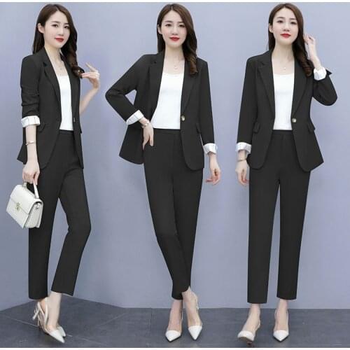 PEONFLY2021 Women Single Botton Work Blazer Suits Slim Loose Casual Pants Blazers Jackets With Trouser Two Pieces Set
