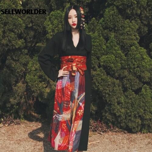 Woman Japanese Kimono Style 2021 NEW Crane Maid Shadow Folded V neck Dress Loose long dress