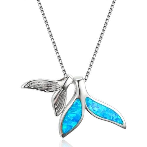Exquisite Silver Color Mermaid Tail Chain Wedding Necklace for Women Jewelry Fashion Imitation Blue Fire Opal Pendant Necklace
