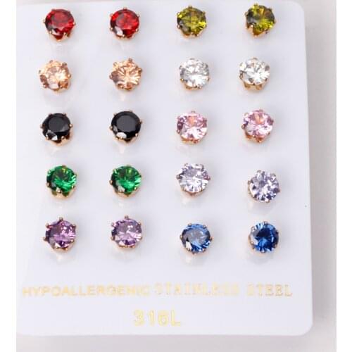 10 Pairs Round Earrings 6mm Mixed Color Cubic Zirconia Stainless Steel Anti-allergy Womens Fashion Wedding Jewelry Accessories