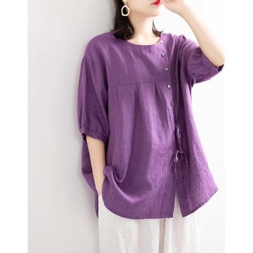 2021 Women Blouses Three Quarter Sleeve Buttons Solid Color Cotton Shirts Tops Female Casual Vintage Plus Size Loose Blusas Q464