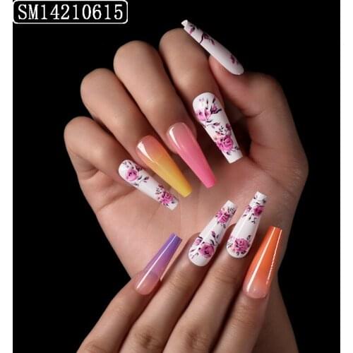 24pcs Floral Printed Nail Patch Colorful Glue Type Removable Long Paragraph Fashion Manicure False Nail Patch SK88