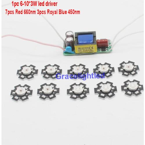 7pcs 3w deep red led 660nm 3pcs 3w blue 475nm+1pcs 6-10x3w 600mA led driver diy
