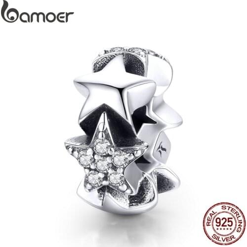 BAMOER Genuine 925 Sterling Silver Little Star to Star Beads Clear CZ Spacer fit Women Bracelets Bangles Jewelry Making SCC929
