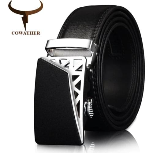 COWATHER Genuine Leather belts for men Automatic Ratchet Buckle Fashion casual Leather belts Waist 30-44 BROWN BLACK CZ052
