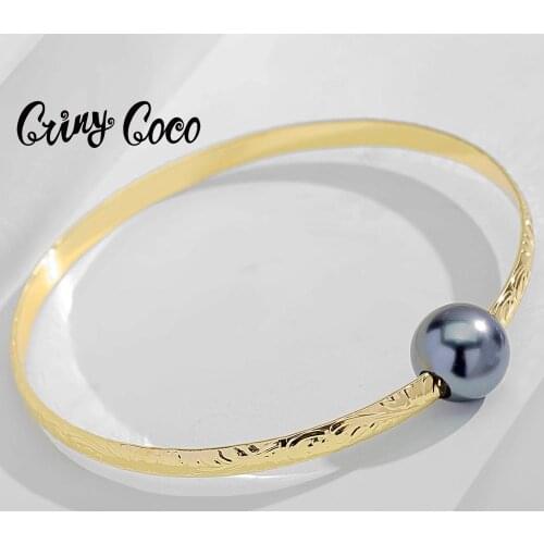 Cring Coco Hawaiian Gold Palted Bangles Bracelet Fashion Polynesian Charm Black Pearl Bracelets Pearl Jewelry for Women Wedding