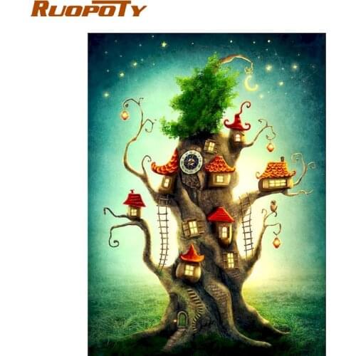 RUOPOTY Tree House In Night Landscape Painting By Numbers Kits For Adults Diy Gift Hand Made Oil Picture By Number Wall Decor Ar